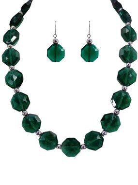 Green glass bead necklace and earring set with silver beads, dressy formal New
